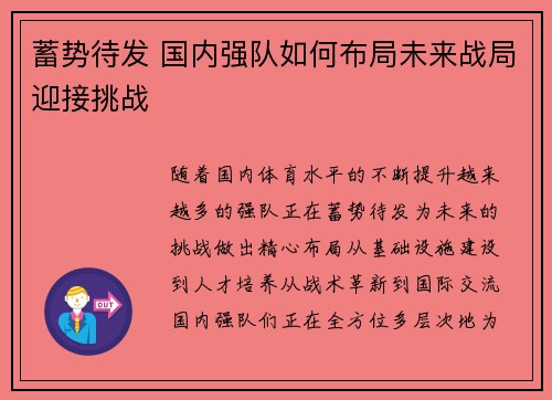 蓄势待发 国内强队如何布局未来战局迎接挑战